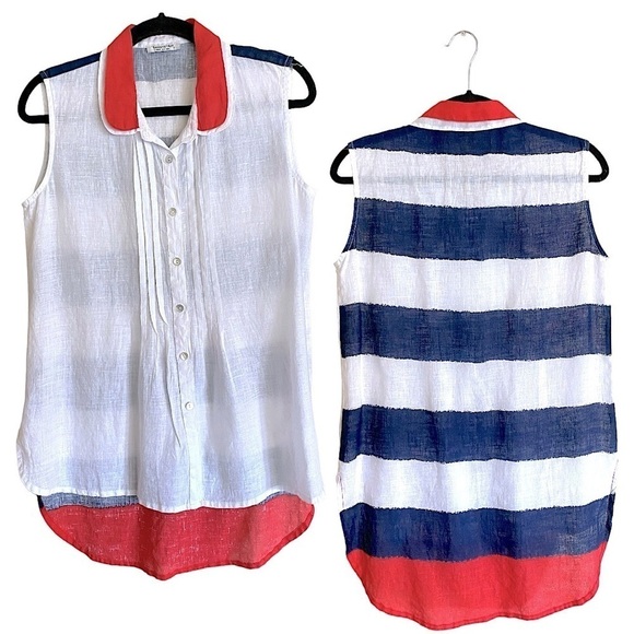 BANANA BLUE Australian Linen Blouse Airy Lightweight Sleeveless Shirt Striped S… - Picture 1 of 6